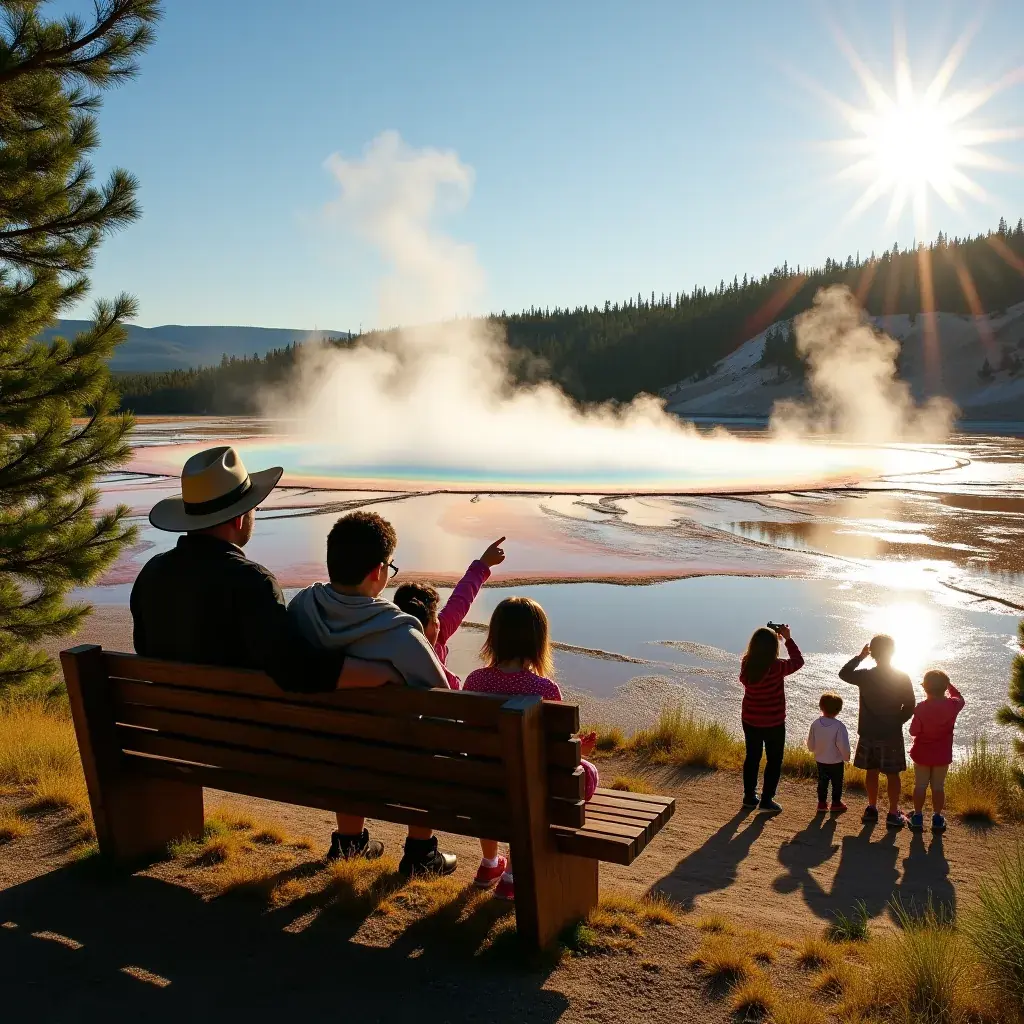 Wspaniały widok na gejzery w Parku Narodowym Yellowstone, z parą unoszącą się w powietrzu.